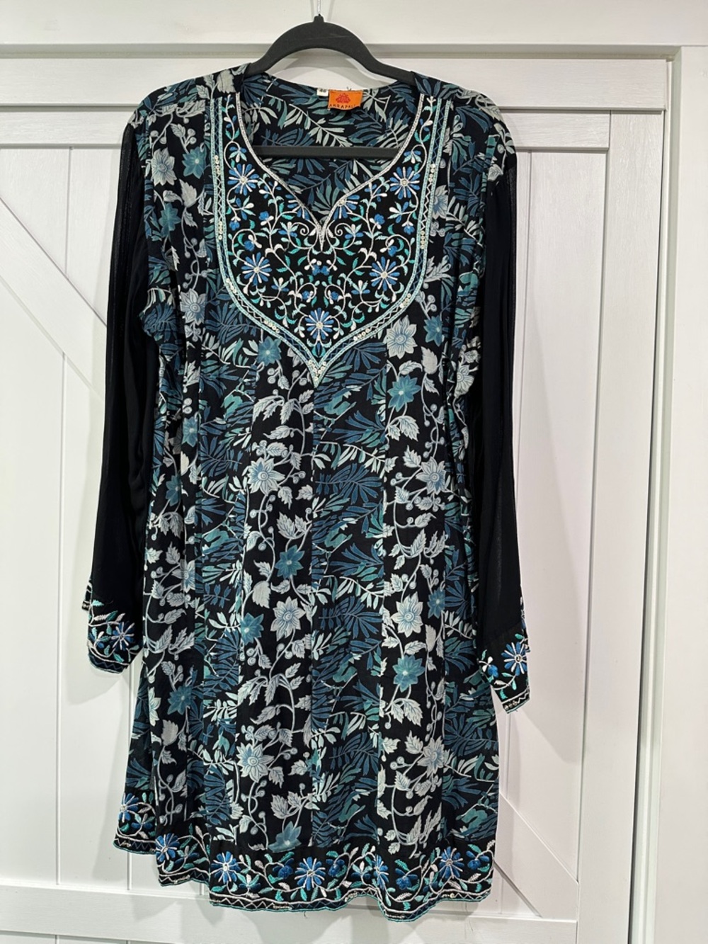 Boho Floral Embroidered Tunic Dress - Black & Teal